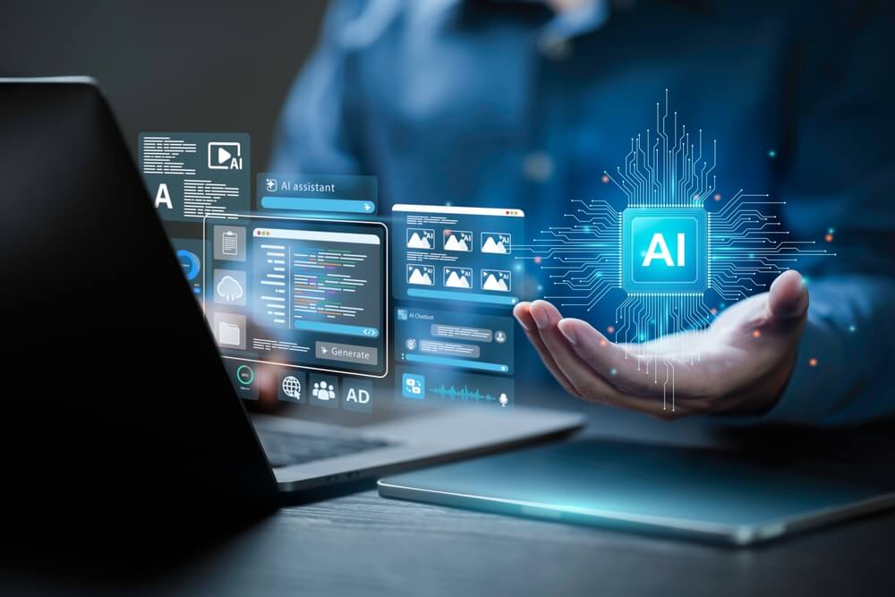 Man using AI on his computer to help organize his supply chain.