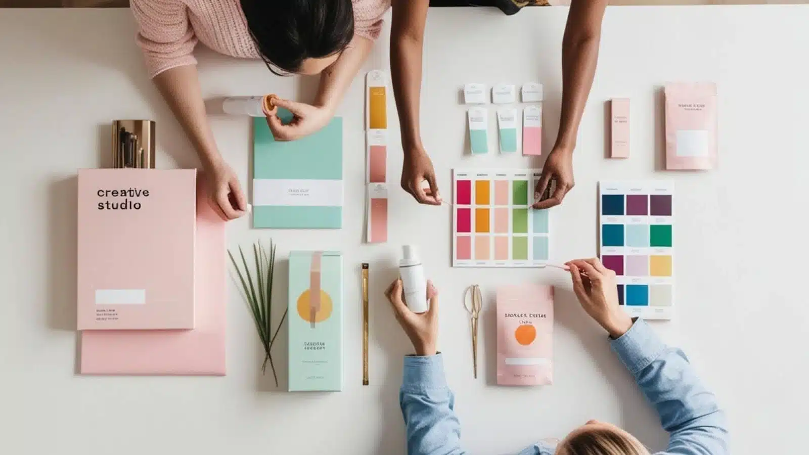 Creative team evaluating packaging designs and color palettes as part of strategic product branding.