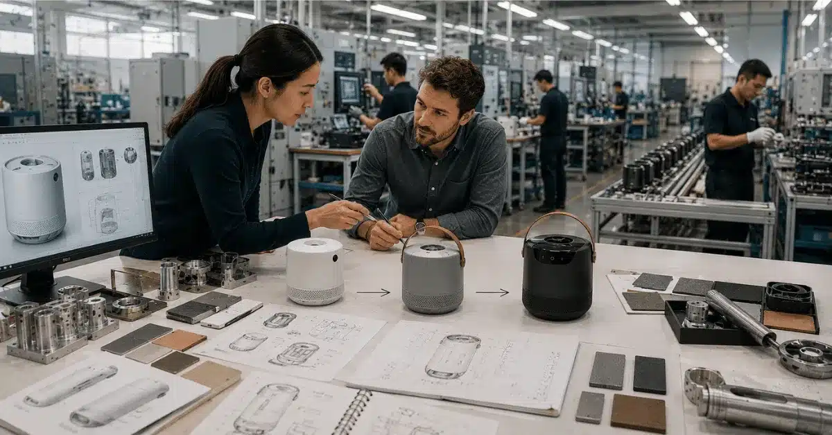 Manufacturing team reviews product variations, materials, parts, and technical drawings for a direct-to-manufacturing project.