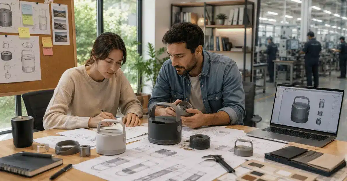 Product designers review prototypes, CAD drawings, and factory details while comparing Gembah’s development model with Dragon Sourcing’s procurement model.