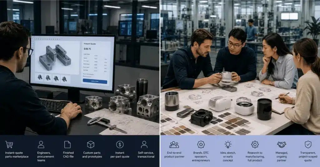 Comparison graphic showing Xometry’s instant-quote parts marketplace beside Gembah’s end-to-end product development process.