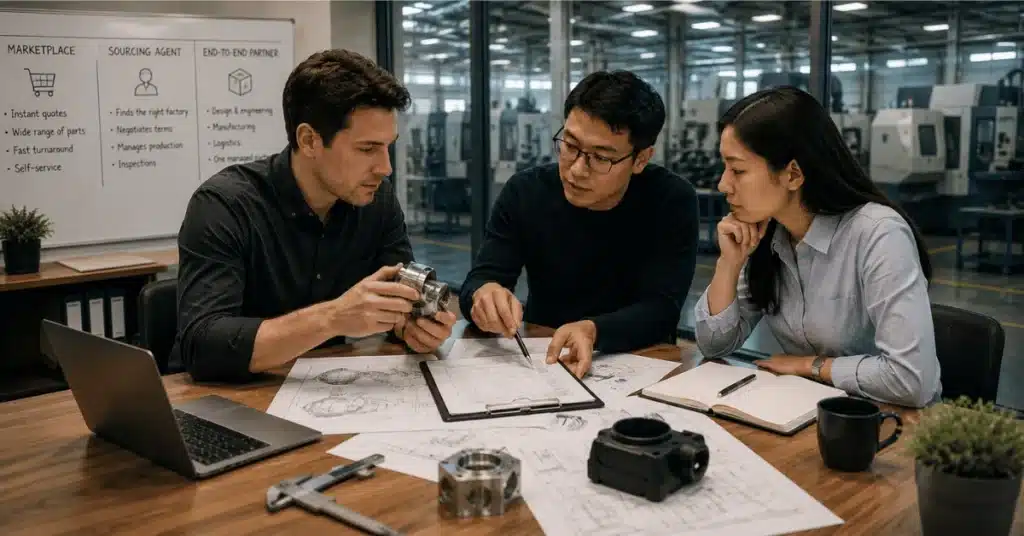 Product development team reviewing parts, drawings, and sourcing options in a manufacturing workspace.
